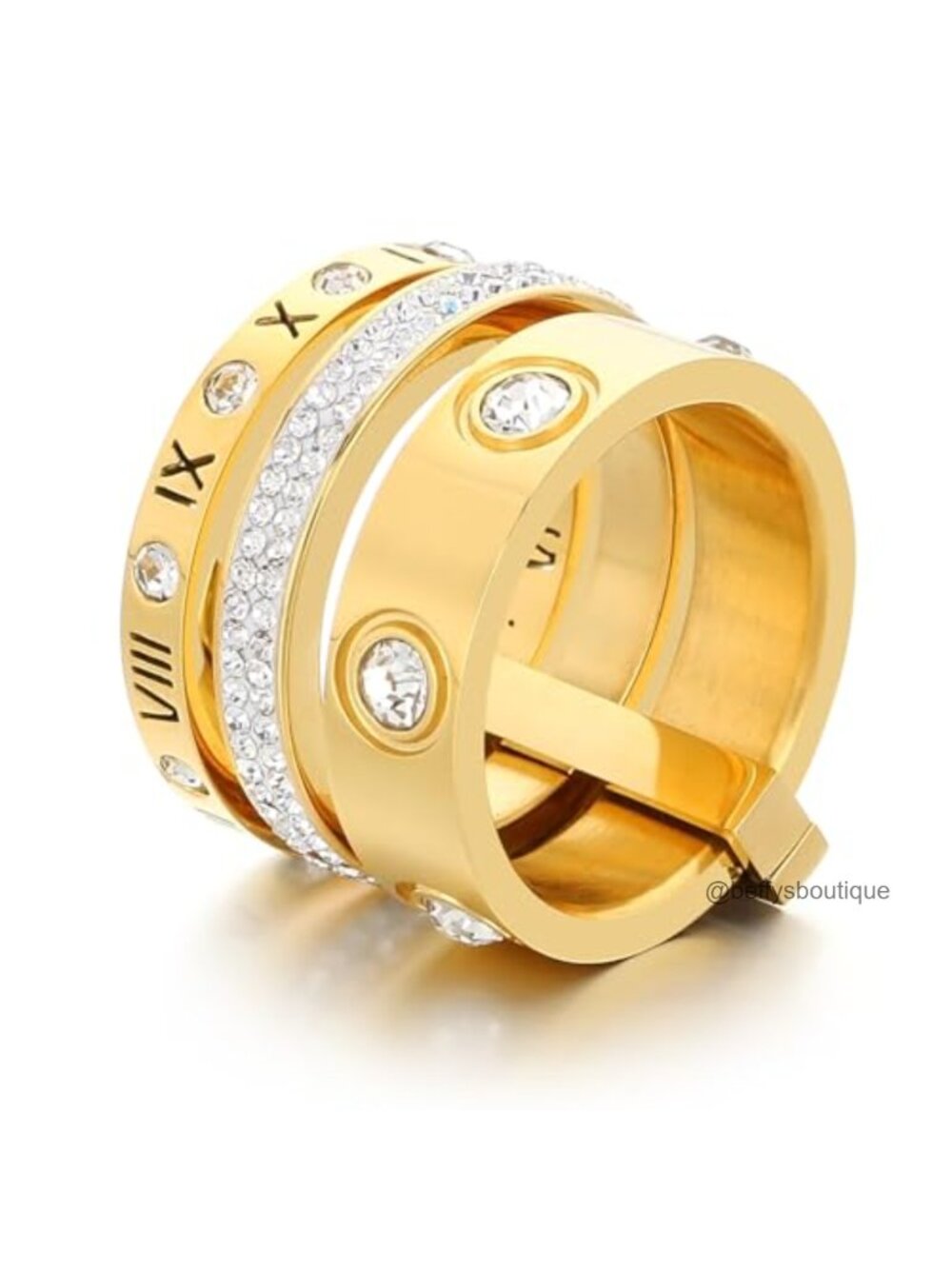 Gold Stainless Steel Stacking Ring Set Cubic Zirconia Pave Promise Rings